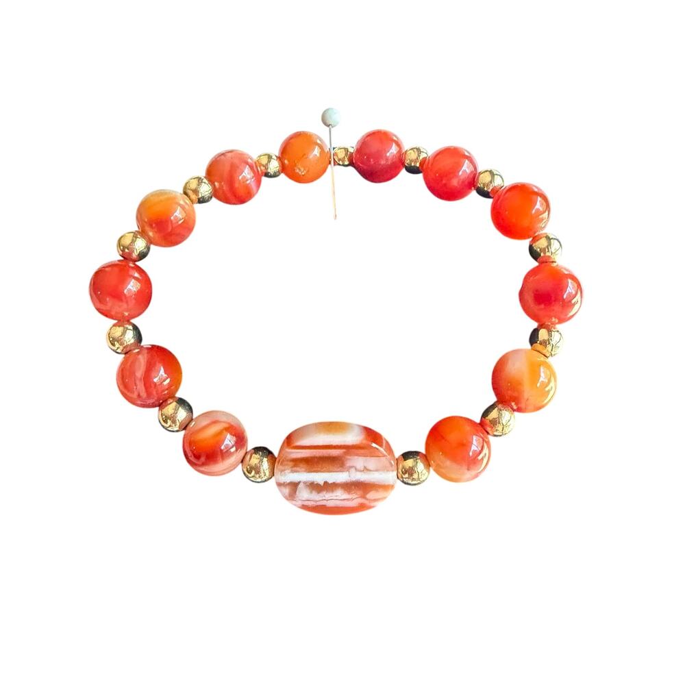 Agate bracelet stretch handmade Orange and gold tone